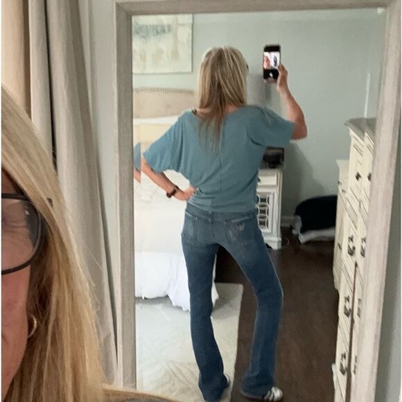 Green Envelope Turquoise draped neck short dolman sleeve top size small - NWOT - Picture 5 of 8